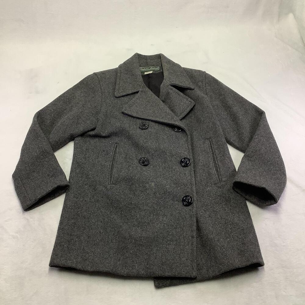 Stephanie Andrews Coat Womens P4 Petite Gray Wool Pea Double Breasted Mid Length